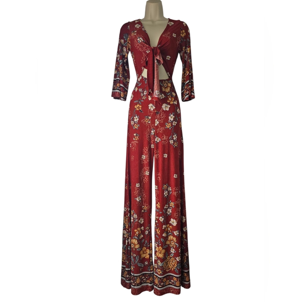 Red Floral Jumpsuit with Flowing Silhouette and V-Neck